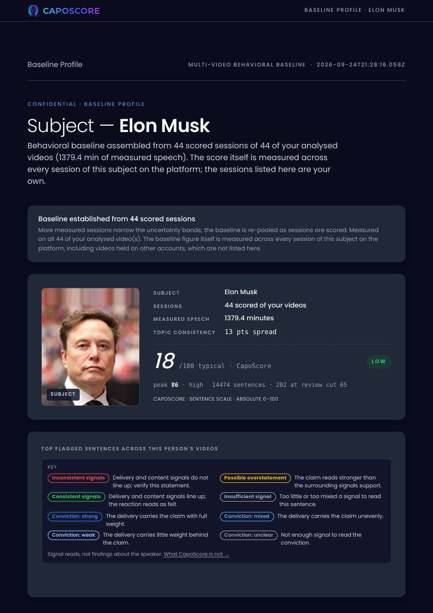 Elon Musk — first page of the CapoScore report